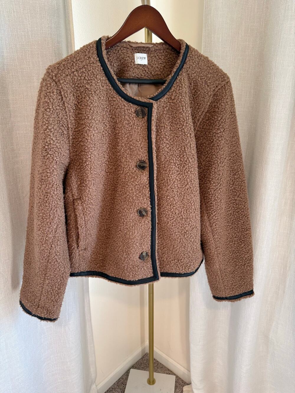 J. Crew Sherpa Lady Barn Jacket Women's Brown Collarless Long Sleeve Boho